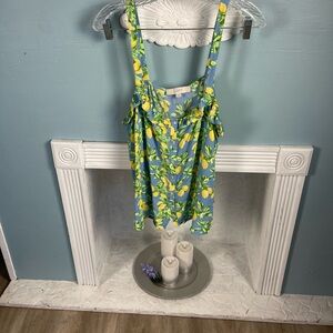 LOFT Blue Lemon-Print Ruffle Strap Button Front Camisole